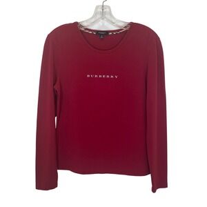 Burberry London Red Long Sleeve Logo Crewneck Top Tee Cotton Womens Size M